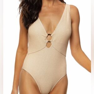 Gold Lurex V-Neck One Piece Swimsuit by G Guria Beachwear.